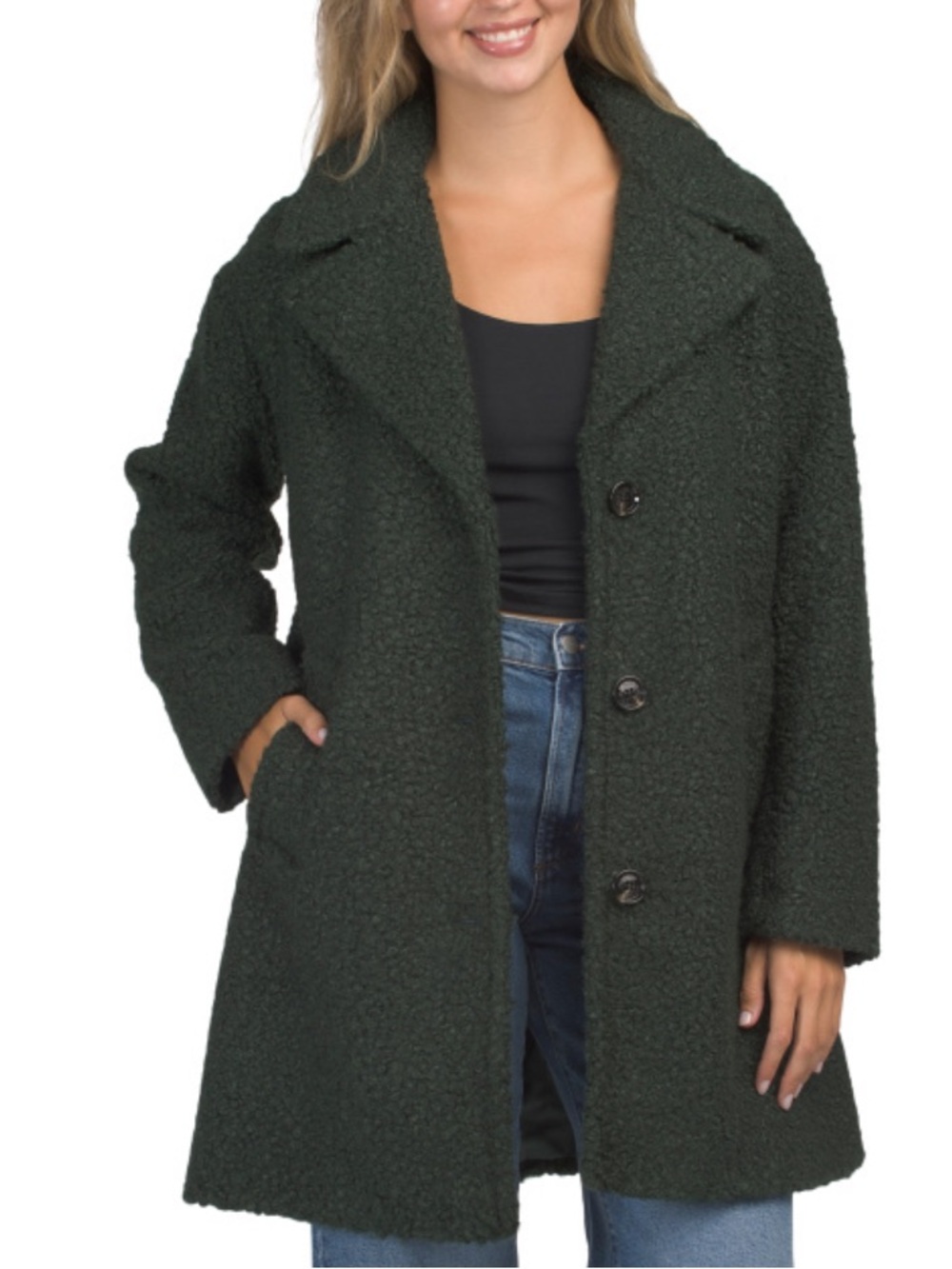 Anne Klein Women's Dark Green Bouclé Single-Breasted Coat